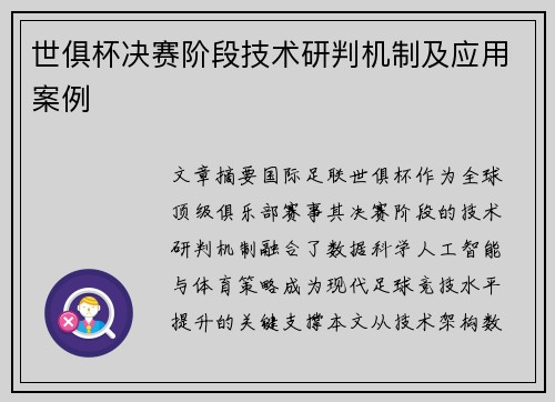 世俱杯决赛阶段技术研判机制及应用案例