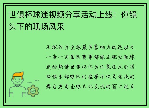 世俱杯球迷视频分享活动上线：你镜头下的现场风采