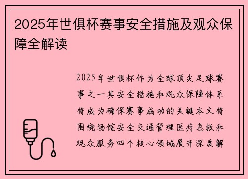2025年世俱杯赛事安全措施及观众保障全解读