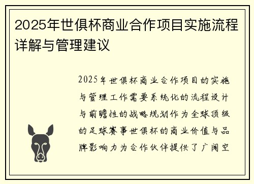 2025年世俱杯商业合作项目实施流程详解与管理建议