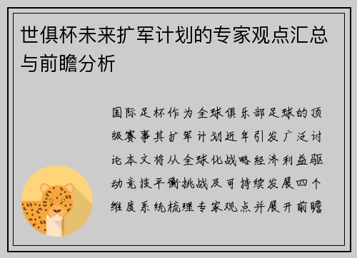 世俱杯未来扩军计划的专家观点汇总与前瞻分析